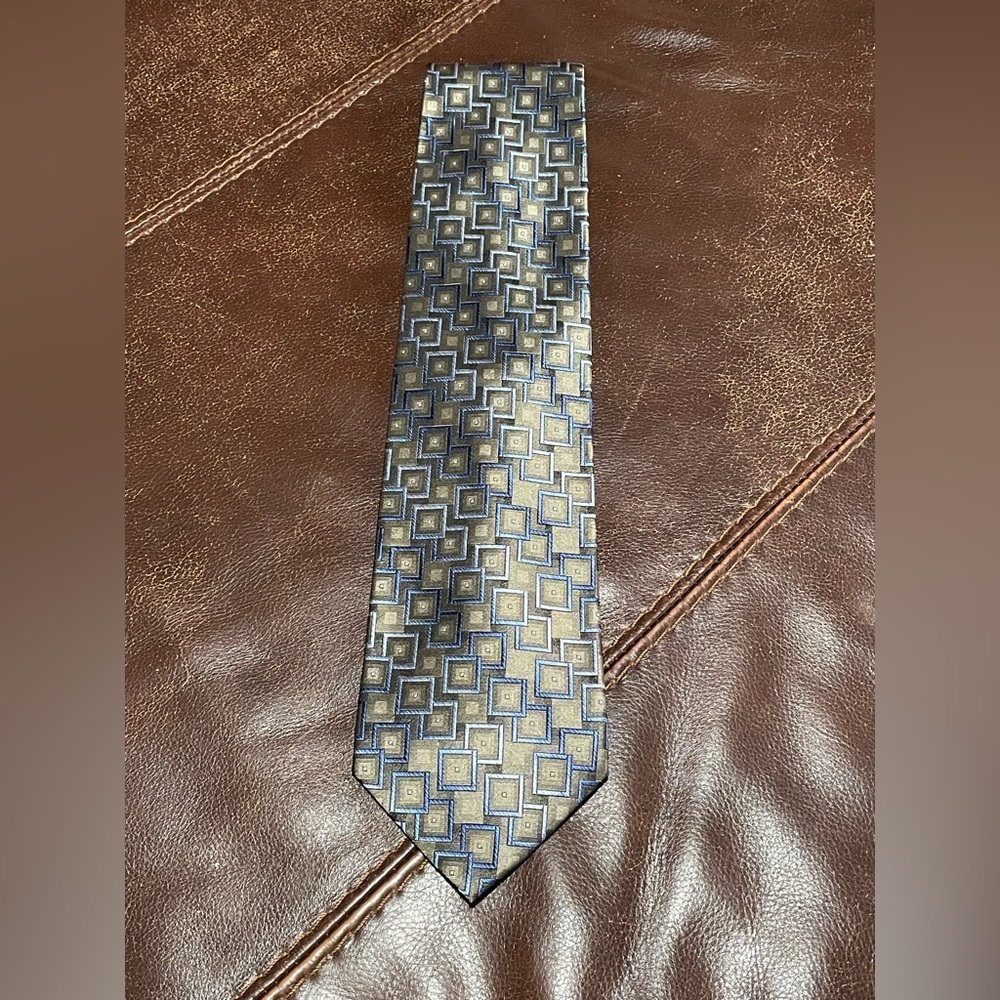 Mens Olive Green Light Blue Geometric Patterned Tie Formal Business Office Wear